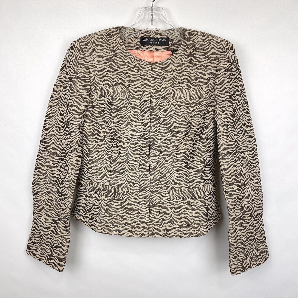 NOS Dana Buchman Petite Women's Sz 4P Chocolate Zebra Striped Collarless Jacket